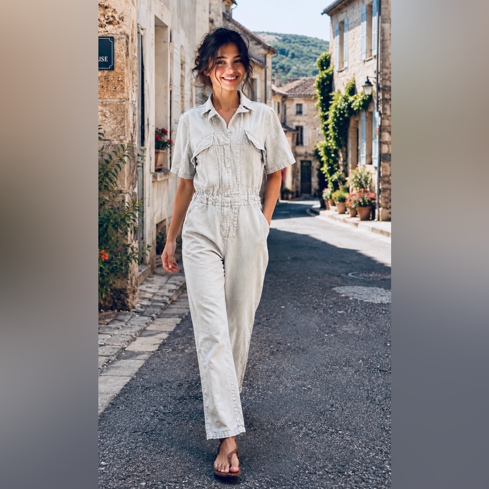 $188 FAHERTY Blythe Jumpsuit Light Indigo Wash Women S Utility Jumper Stretch